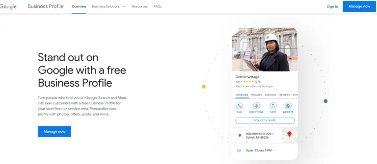 A screenshot of the Google Business Profile homepage