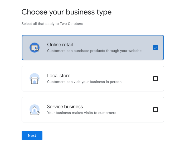 The first page of Google Business Profile setup