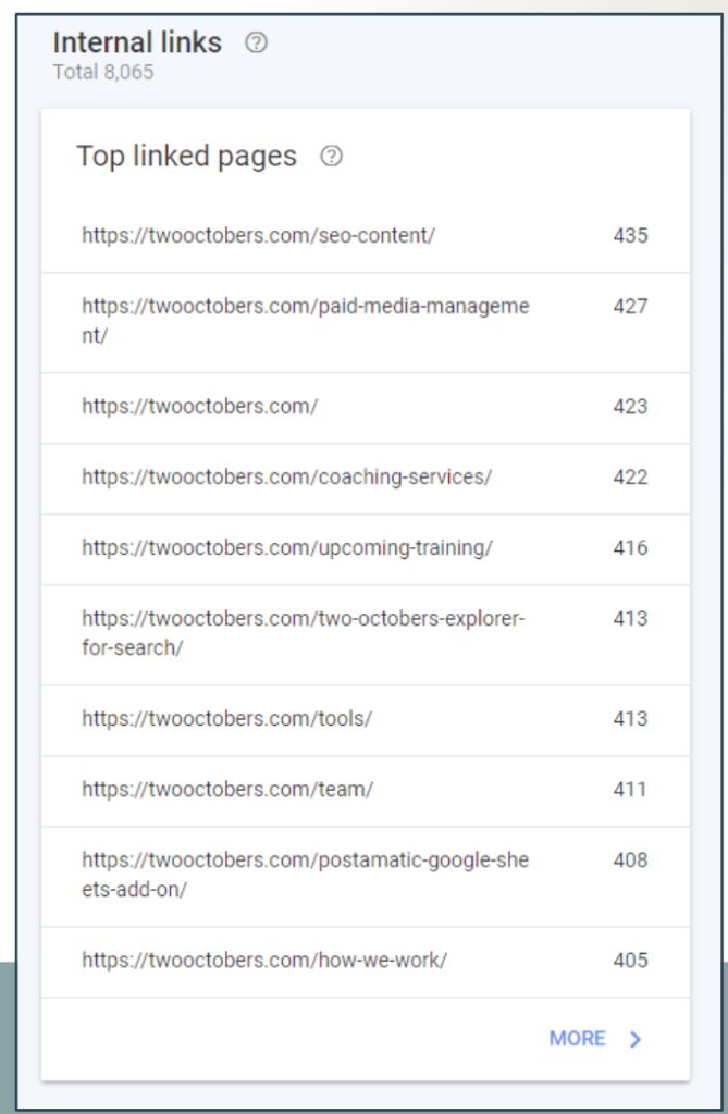 A screenshot of the internal links report in Search Console, which includes pages on the site with the most links pointing to them.
