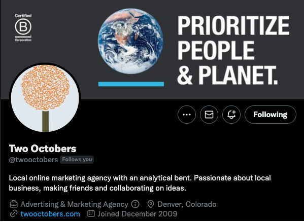 A screenshot of Two October's Twitter profile