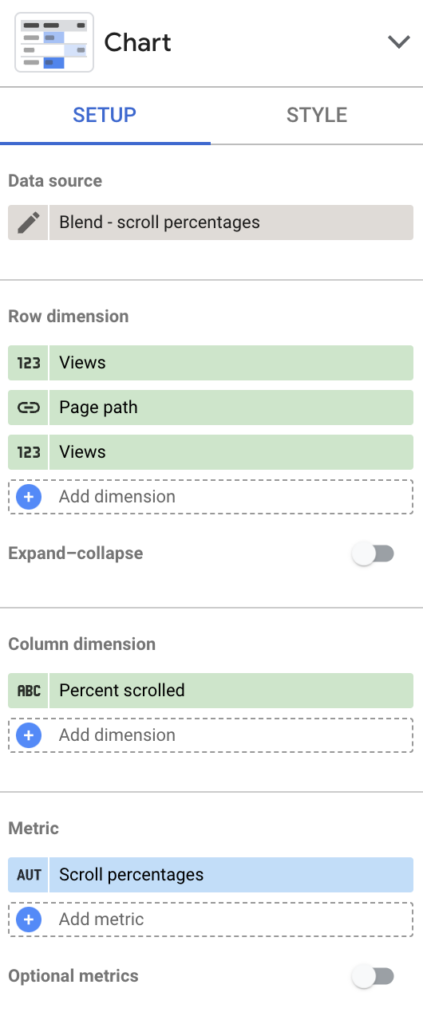 A screensht of the data surce, row dimension, and column dimension selector in Looker Studio.