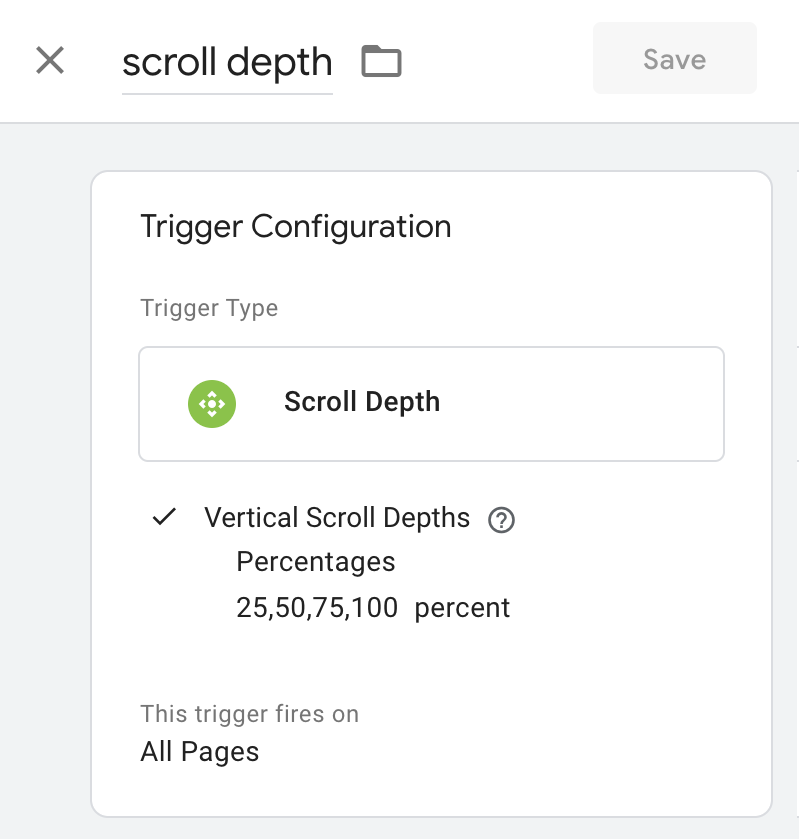 A screnshot of the Scroll Depth trigger configuration in GTM.