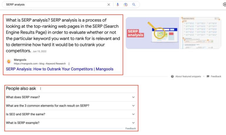 A screenshot of the SERP with featured snippets highlighted in red boxes.