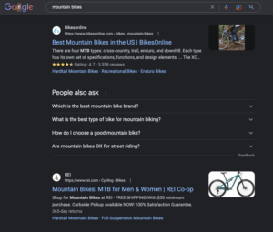 A screenshot of the SERP for the query "mountain bikes."