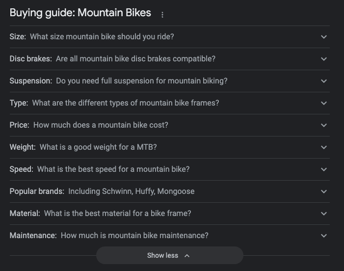 A screenshot of a buying guide rich result for "mountain bikes" on Google.