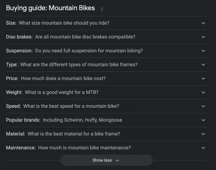 A screenshot of a buying guide rich result for "mountain bikes" on Google.