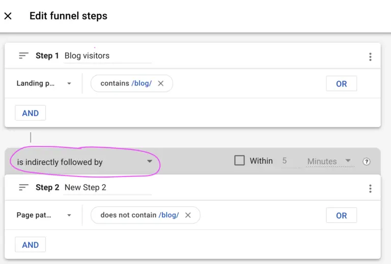 A screenshot of the GA4 "Edit funnel steps" screen.