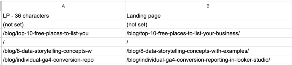Screenshot of a Google Sheet with landing page lookups.