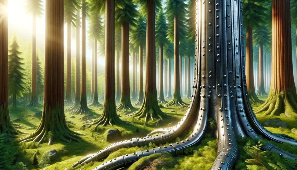 DALL·E 2024 05 13 15.10.36 A wide angle view of a realistic forest scene focusing on the foreground where only three trees are made entirely out of metal with smaller less vis