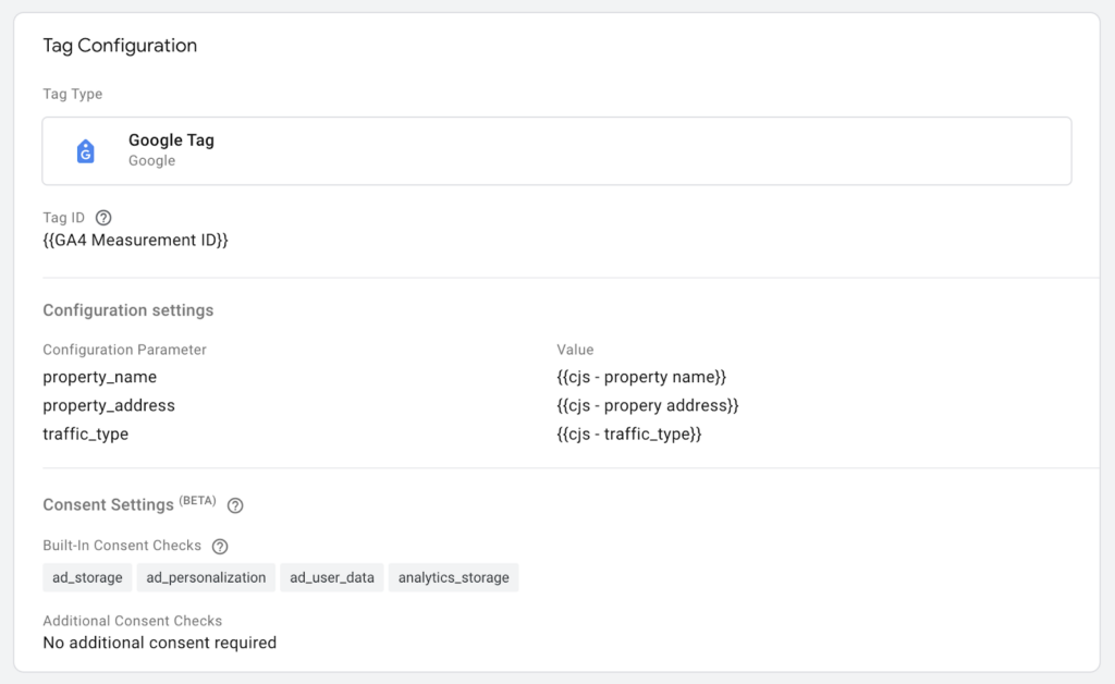 A view of the GA4 Google Tag configuration screen showing the addition of the traffic_type parameter. The value of the parameter is set by the custom JavaScript variable we created.