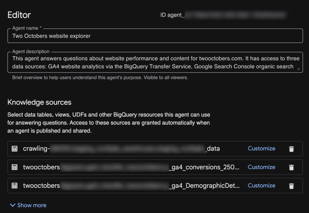 Screenshot of agent configuration screen