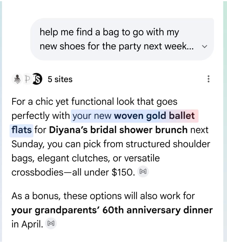 A screenshot of Google's Personal Intelligence suggesting ballet flats that work for multiple upcoming calendar events.