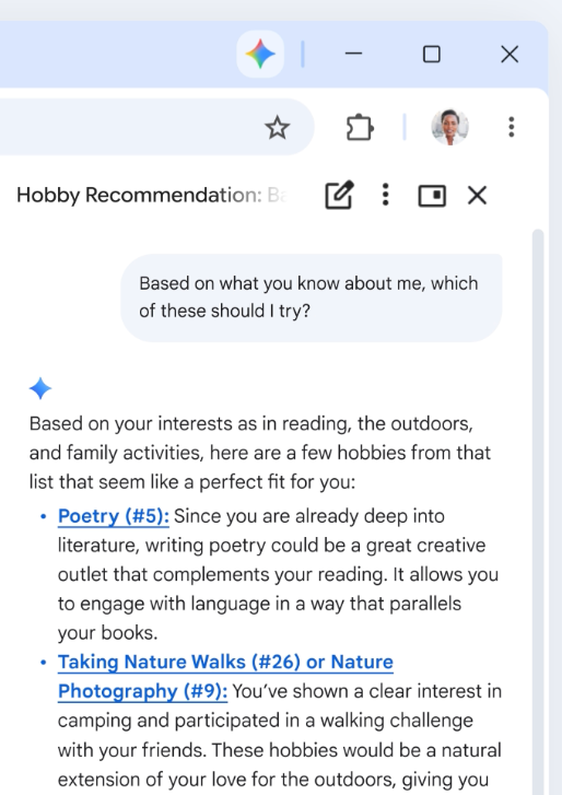 A screenshot of Google's Personal Intelligence suggesting hobbies.